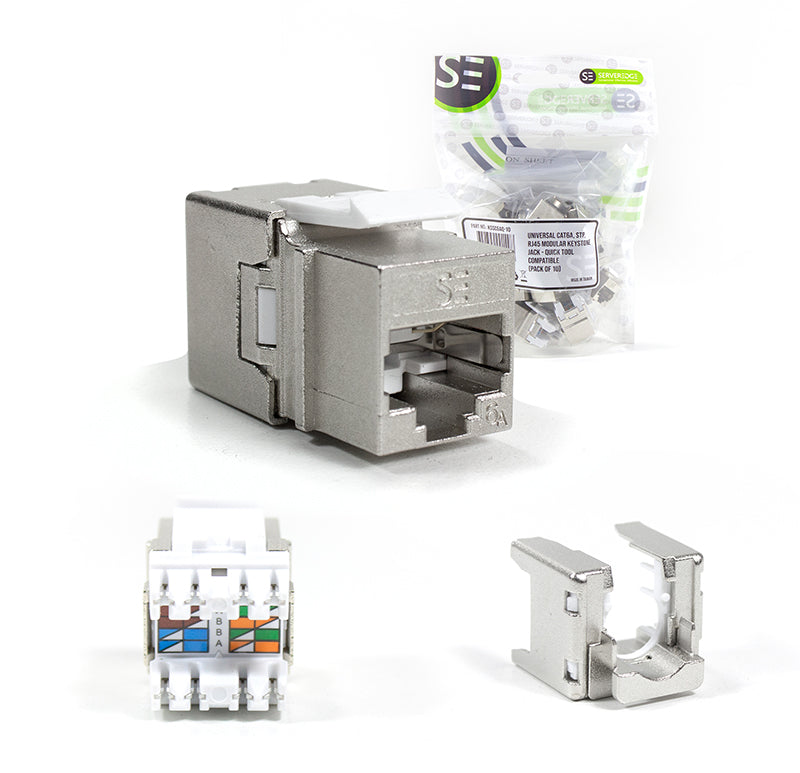 Serveredge Universal Cat6A, STP, RJ45 Modular Keystone Jack - QUICK TOOL Compatible - Pack of 10