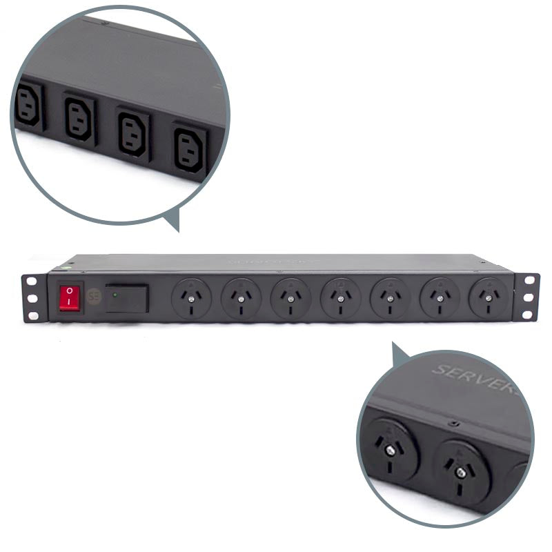 11 Port PDU, (7) 3 Pin AUS GPO Output, (4) IEC C13 Output (1) 3 Pin Aus Input, 10A