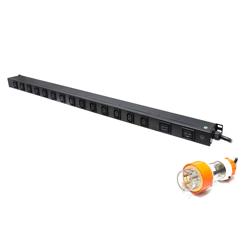 Vertical 16 Port IEC PDU, (14)IEC C13 Output, (2) IEC C19 Output, (1)IP56 3-Pin Round Captive Plug, 32A