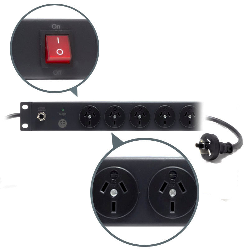 8 Port Basic PDU, (8) 3 Pin AUS GPO Output (1) 3 Pin Aus Input, 10A W/ Surge Protection