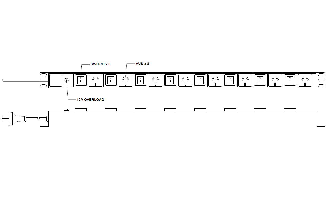 8 Port Vertical Basic PDU, (8) 3 Pin AUS GPO [INDIVIDUALLY SWITCHED] Outputs (1) 3 Pin Aus Plug Input, 10A, 240V