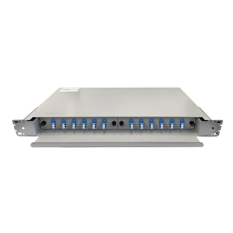 LC OM4 24 Port 1RU Fibre Sliding Patch Panel With Splice Cassette, Splice Protector & Mounting Kit