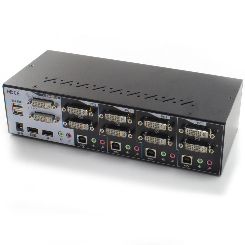 Serveredge 4-Port Dual Monitors DVI USB KVM Switch with Audio & Mic & USB Hub2.0 - Includes Cables