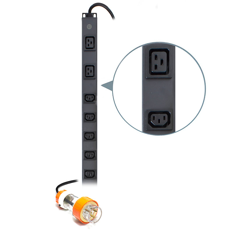 Vertical 16 Port IEC PDU, (14)IEC C13 Output, (2) IEC C19 Output, (1)IP56 3-Pin Round Captive Plug, 32A